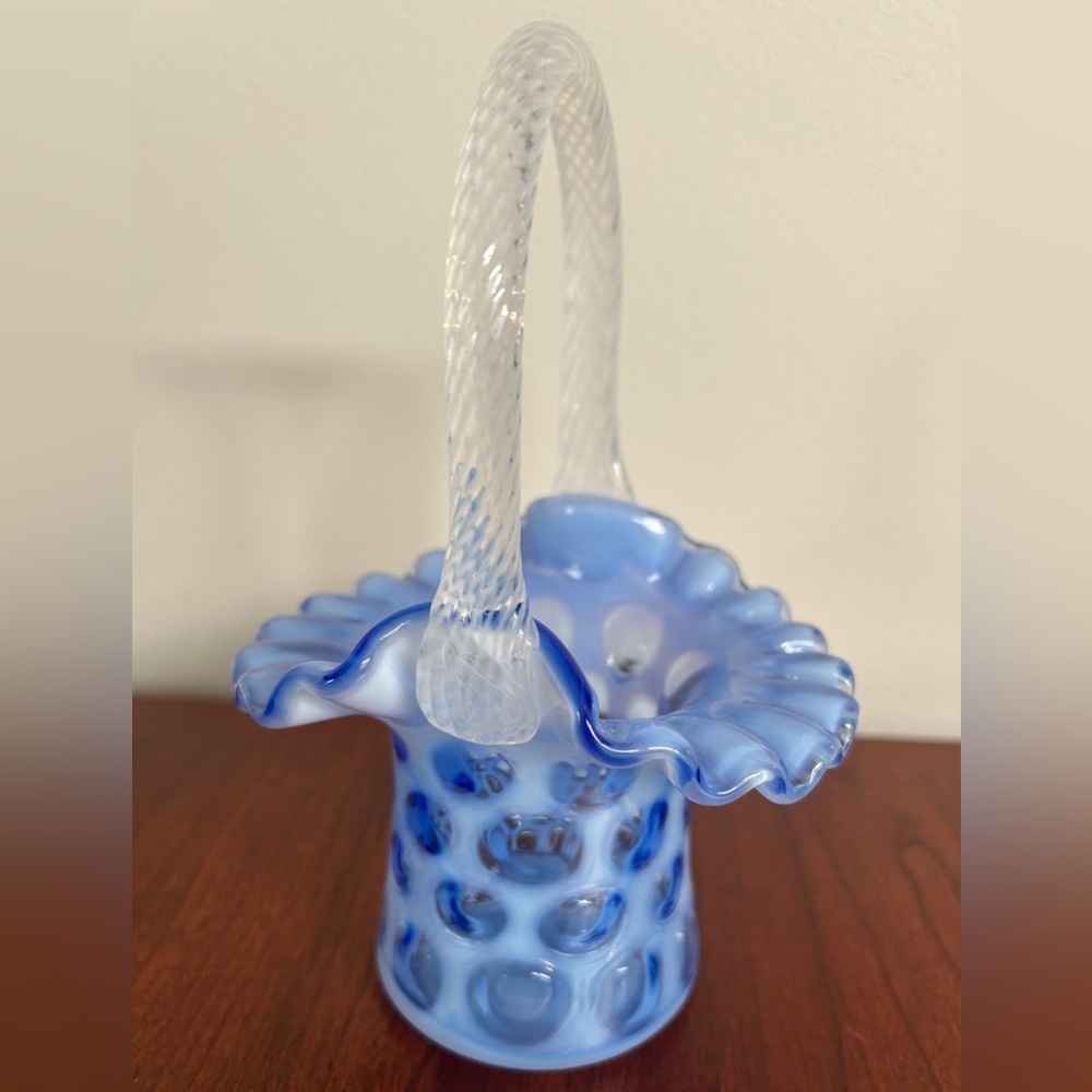 Fenton blue opalescent coin dot Art glass basket